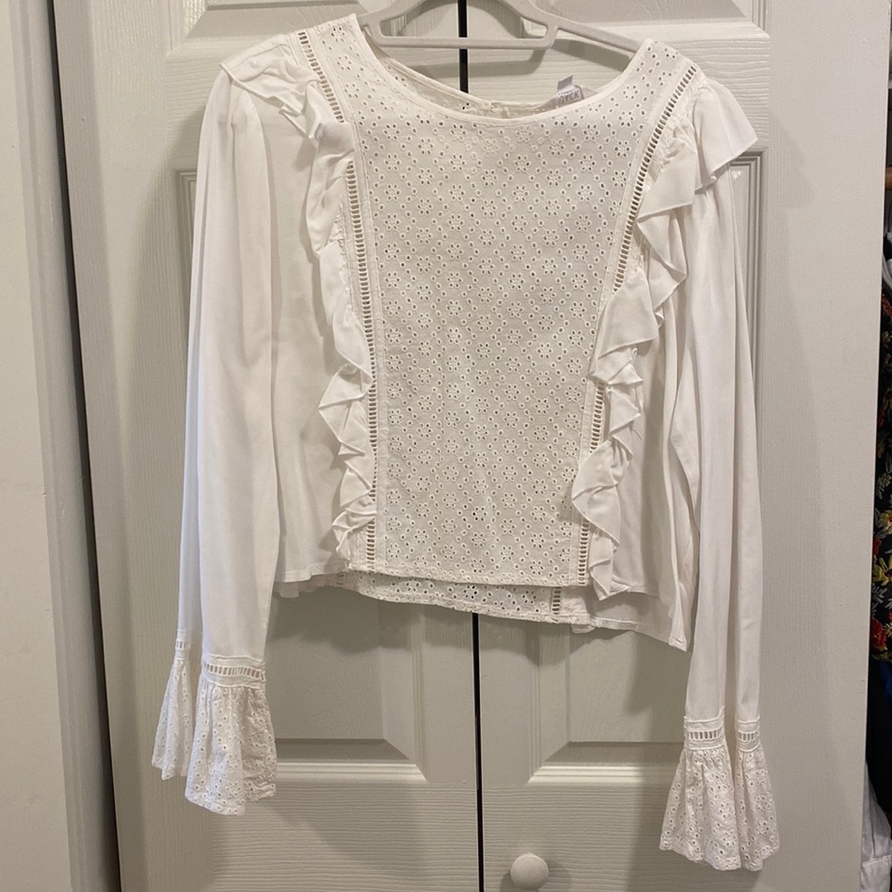 White long sleeve blouse with eyelet detailing